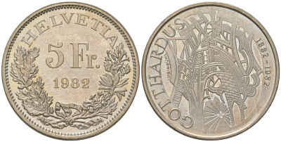 Швейцария 5 франков 1982 100 лет со дня открытия Готардского туннеля KM 61 медно-никель  UNC  4593-926