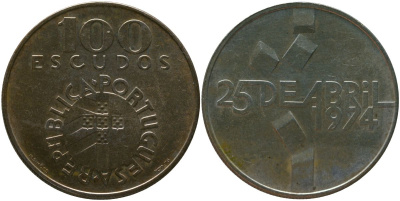 Португалия 100 эскудо 1976 INCM, Революция гвоздик (25 de Abril 1974) KM 603 серебро BUNC 4583-123