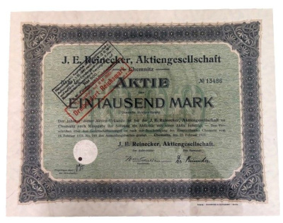 Германия, Хемниц акция на 1000 марок 1921 немецкая компания, специализирующаяся на производстве станков и режущих инструментов, J. E. Reinecker Aktiengesellschaft из Хемница бумага 5555-1