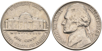 США 5 центов 1964 D, Джефферсон KM А192 медно-никель 92-1134