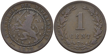 Нидерланды 1 цент 1878 Виллем III (1849-1890) KM 107 бронза 4387-1266