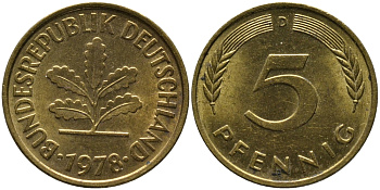 ФРГ 5 пфеннигов 1978 D KM 107, J.382 сталь плакированная латунью 99-118
