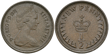 Великобритания 1/2 пенни 1971 Елизавета II (1952-2022) KM 914, Spink 4239 бронза 176-611