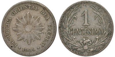 Уругвай 1 сентесимо 1924 KM 19 медно-никель 4169-645
