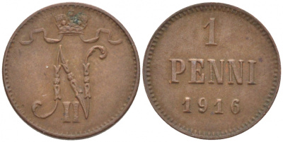 РОССИЯ ДЛЯ ФИНЛЯНДИИ 1 ПЕННИ 1916 НИКОЛАЙ II (1895-1917) KM 13, Биткин 476 медь 211-1064