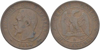 ФРАНЦИЯ 10 САНТИМОВ 1854 D, НАПОЛЕОН III (1852-1870) KM 771.4, LE FRANC 133.14 бронза 38-945