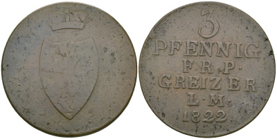 РЕЙС-ОБЕРГРАЙЦ 3 ПФЕННИГА 1822 KM 103 медь 65-737