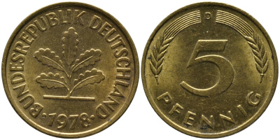 ФРГ 5 пфеннигов 1978 D KM 107, J.382 сталь плакированная латунью 99-118