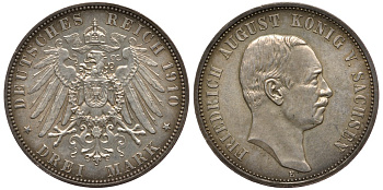 Саксония 3 марки 1910 E, Фридрих Август III (1904-1918) Weege 132, J. 135, KM 1267 серебро UNC 413-4115