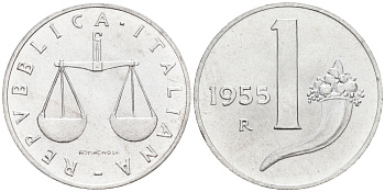 Италия 1 лира 1955 R, весы KM 91 алюминий  UNC  4594-655