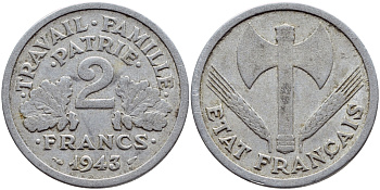 Франция 2 франка 1943 правительство Виши KM 904.1 алюминий 4397-732