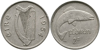 ИРЛАНДИЯ 1 ФЛОРИН = 2 ШИЛЛИНГА 1954 ЛОСОСЬ KM 15а медно-никель 4531-814