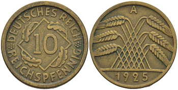 ГЕРМАНИЯ 10 РЕЙХСПФЕННИГОВ 1925 A KM 40, J. 317 алюминиевая бронза 4401-425