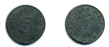 ГЕРМАНИЯ 5 РЕЙХСПФЕННИГОВ 1940 А, KM 100, J. 370 цинк 46-1946