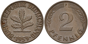 ФРГ 2 пфеннига 1959 F J.381  KM 106 бронза    4598-651