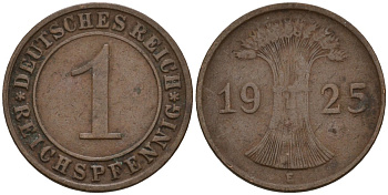 Германия 1 рейхспфенниг 1925 E KM 37, J. 313 бронза 4124-1226
