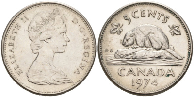 Канада 5 центов 1974 бобр, Елизавета II (1952-) KM 60.1 никель 4566-1026