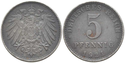 ГЕРМАНИЯ 5 ПФЕННИГОВ 1921 A KM 19, J. 297, Weege 5 железо 206-749