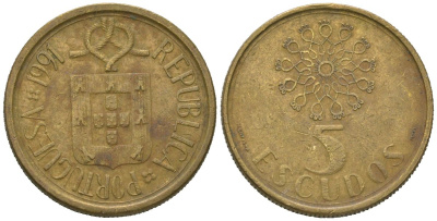 Португалия 5 эскудо 1991 KM 632 никель латунь 4621-431