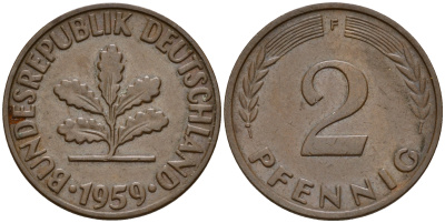 ФРГ 2 пфеннига 1959 F J.381  KM 106 бронза    4598-651