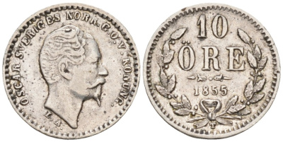 Швеция 10 эре 1855 T, Оскар I (1844-1859) KM 683 серебро 443-1614