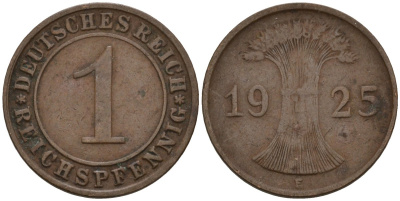 Германия 1 рейхспфенниг 1925 E KM 37, J. 313 бронза 4124-1226