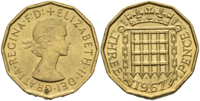 Великобритания 3 пенса 1967 Елизавета II (1952-2022) KM 900, Spink 4153 никель латунь 4126-725