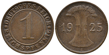 ГЕРМАНИЯ 1 РЕЙХСПФЕННИГ 1925 J KM 37, J. 313 бронза 39-915