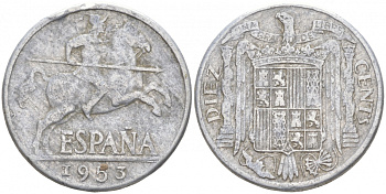 ИСПАНИЯ 10 СЕНТИМО 1953 РЫЦАРЬ НА КОНЕ KM 766 алюминий 68-142