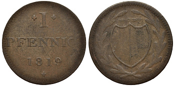 ФРАНКФУРТ НА МАЙНЕ 1 ПФЕННИГ 1819 ЕВРЕЙСКИЕ ПФЕННИНГИ, ТОКЕН JEWISH PFENNIGS (JUDEN PFENNIGE) KM Tn5 медь 413-4414