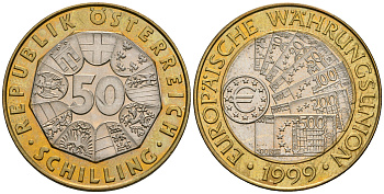 Австрия 50 шиллингов 1999 Европейский валютный союз KM 3057 биметалл UNC 221-522