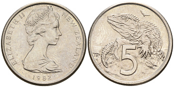 Новая Зеландия 5 центов 1982 ящерица гаттерия, Елизавета II (1952-) KM 34.1 медно-никель    4602-666