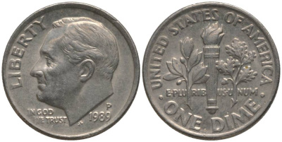 США 10 ЦЕНТОВ = 1 ДАЙМ 1989 P, РУЗВЕЛЬТ KM 195а медь плакированная медно-никелем 4396-425