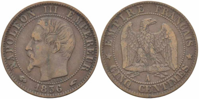 Франция 5 сантимов 1856 A, Наполеон III (1852-1870) KM 777.1, Le Franc 116.30 бронза 108-427