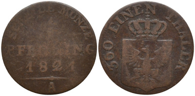 Пруссия 1 пфенниг 1821 А, Фридрих Вильгельм III (1797-1840) KM 405 медь 4549-149