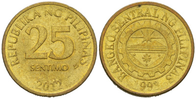 Филиппины 25 сентимо 2012 KM 271a сталь плакированная латунью aUNC 4618-754