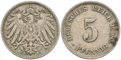 Германия 5 пфеннигов 1907 D, KM 11, J. 12 медно-никель 4364-3667