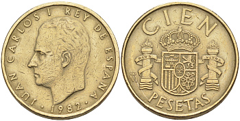 ИСПАНИЯ 100 ПЕСЕТ 1982 ХУАН КАРЛОС I (1975-) KM 826 алюминиевая бронза 106-332
