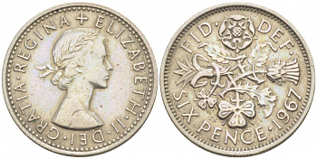 Великобритания 6 пенсов 1967 Елизавета II (1952-2022) KM 903, Spink 4149 медно-никель 3718-262