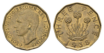 Великобритания 3 пенса 1938 Георг VI (1936-1952) KM 849, Spink 4112 никель латунь    4660-653