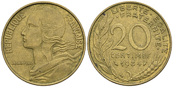 Франция 20 сантимов 1984 тип Marianne KM 930, Le Franс 156.24 медь алюминий никель 85-123