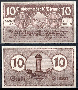 Дюрен (Пруссия) 10 пфеннигов 1920 Mehl Grabowski D34.12 бумага UNC (пресс) 7555-60-1-1