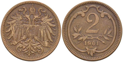 АВСТРИЯ 2 ГЕЛЛЕРА 1901 АВСТРО-ВЕНГЕРСКАЯ ИМПЕРИЯ KM 2801 бронза 201-326