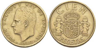 ИСПАНИЯ 100 ПЕСЕТ 1982 ХУАН КАРЛОС I (1975-) KM 826 алюминиевая бронза 106-332