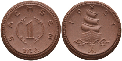 Саксония 1 марка 1921 парусник J. N 55 фарфор 1094-3-84