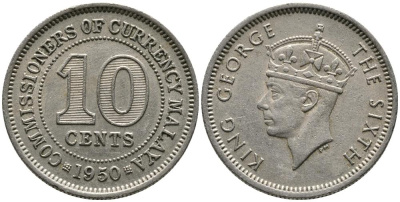 Британская Малайя 10 центов 1950 Георг VI (1937-1952) KM 8 медно-никель 4549-634