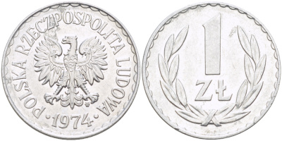 ПОЛЬША 1 ЗЛОТЫЙ 1974 MW KM 49.1, Parchimowicz 213k алюминий 216-824