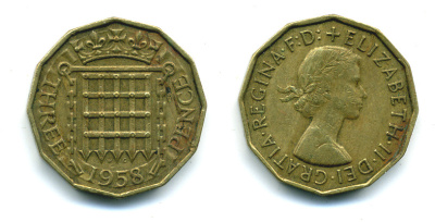 Великобритания 3 пенса 1958 Елизавета II (1952-2022) KM 900, Spink 4153 никель латунь 89-1341