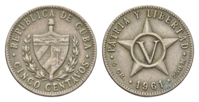 Куба 5 сентаво 1961 звезда, первая Республика (1902-1961) KM 11.3 медно-никель 4623-829