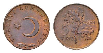 Турция 5 курушей 1973 KM 890.2 бронза UNC 4674-1029